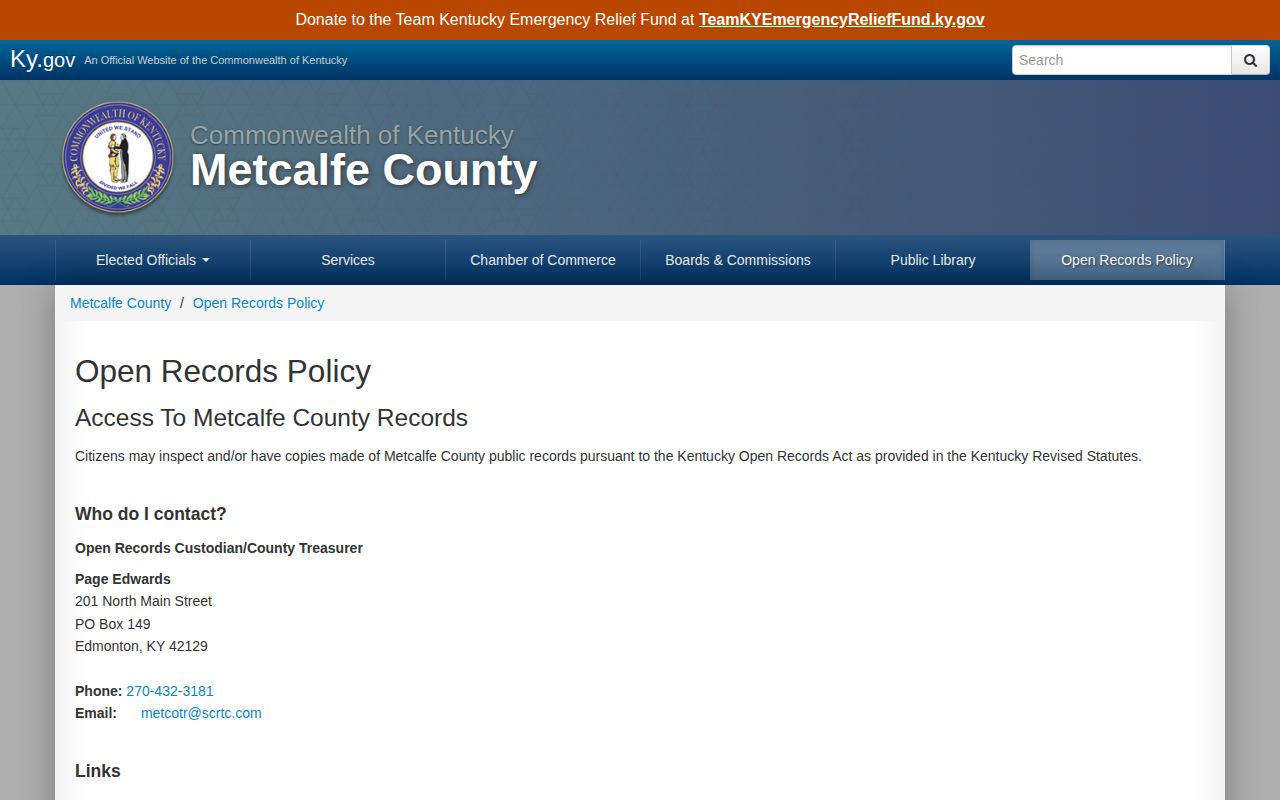 Metcalfe County official open records policy and request page