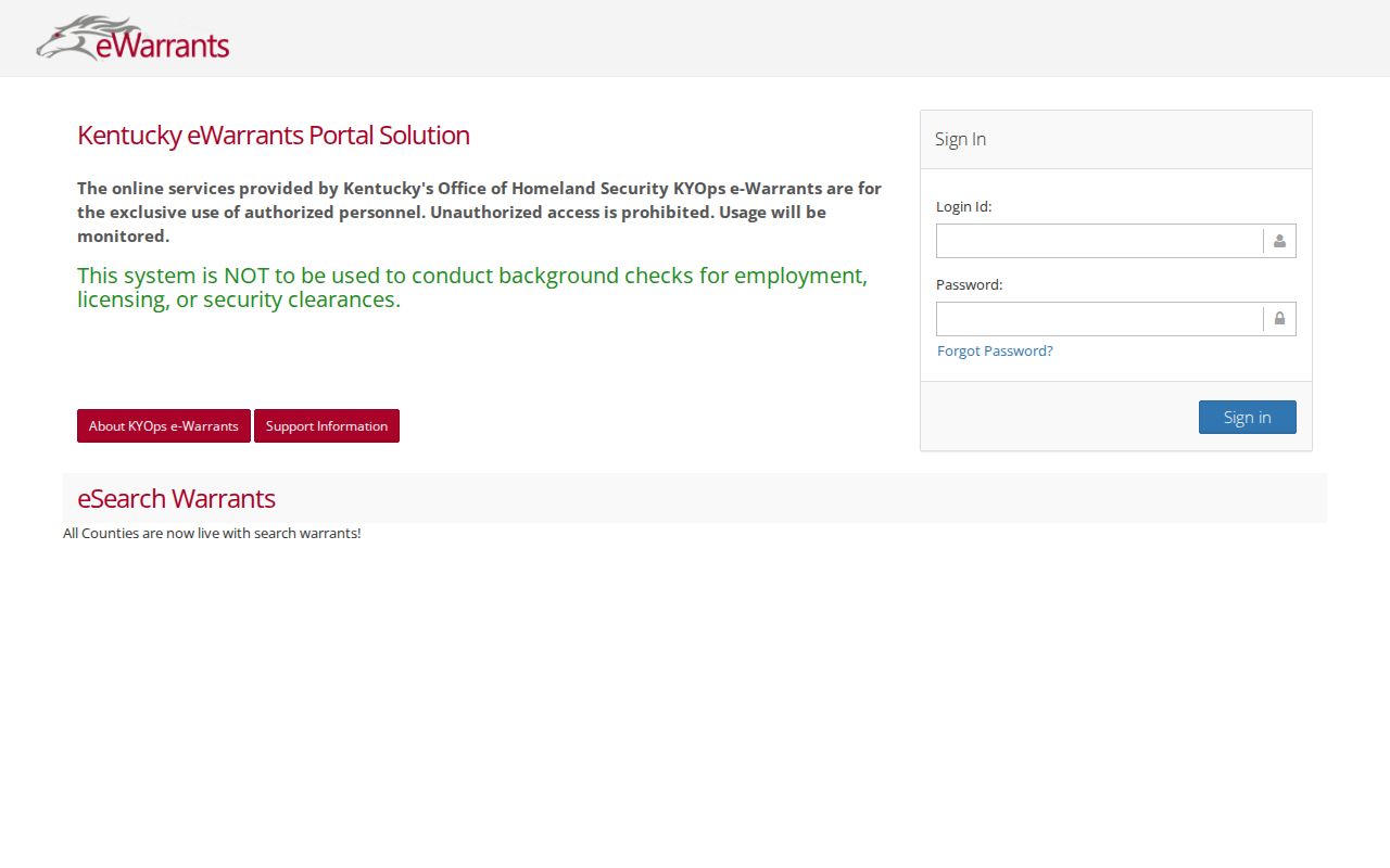 Kentucky eWarrants login for authorized personnel