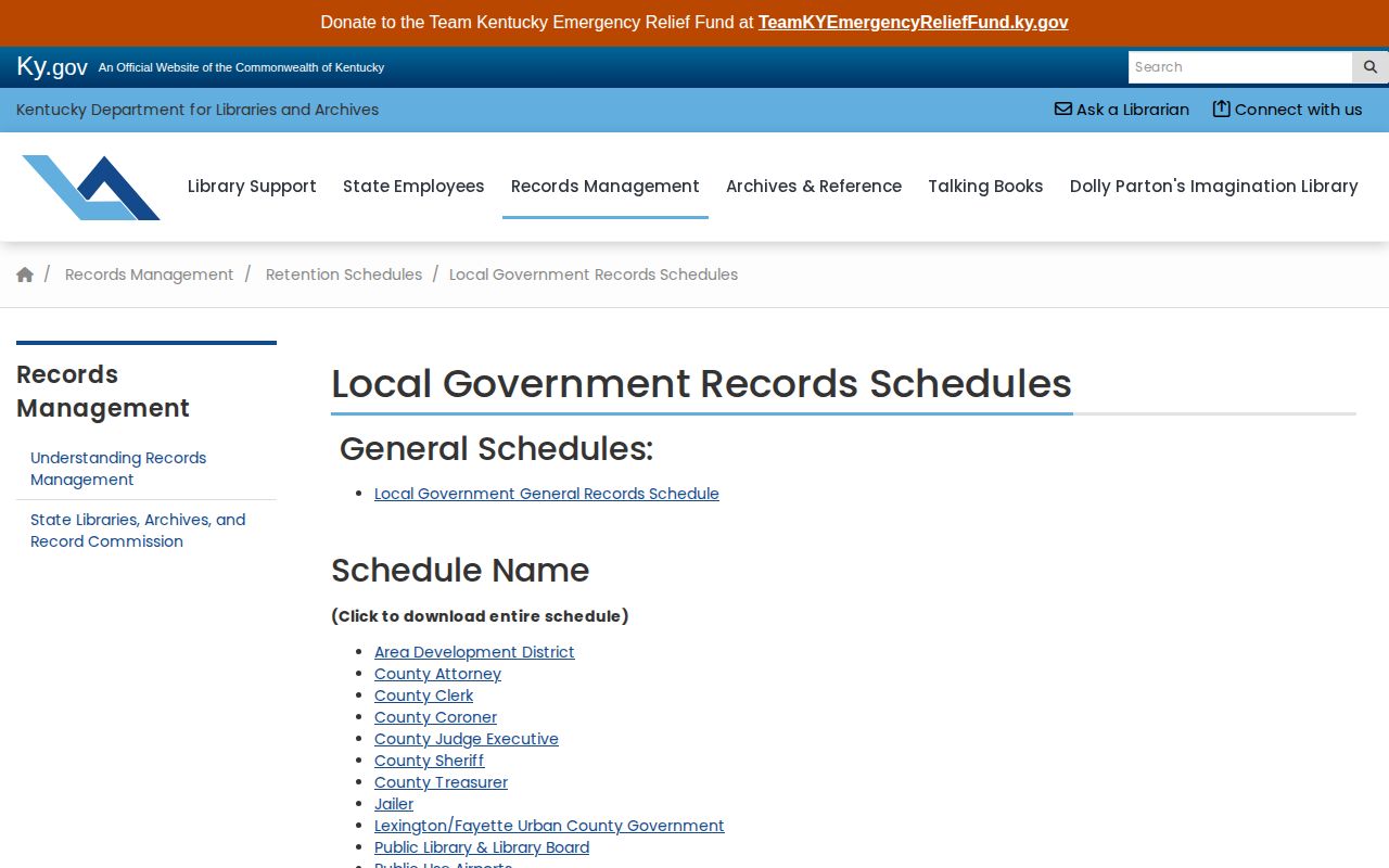 Kentucky local government records schedules page relevant to retained arrest records