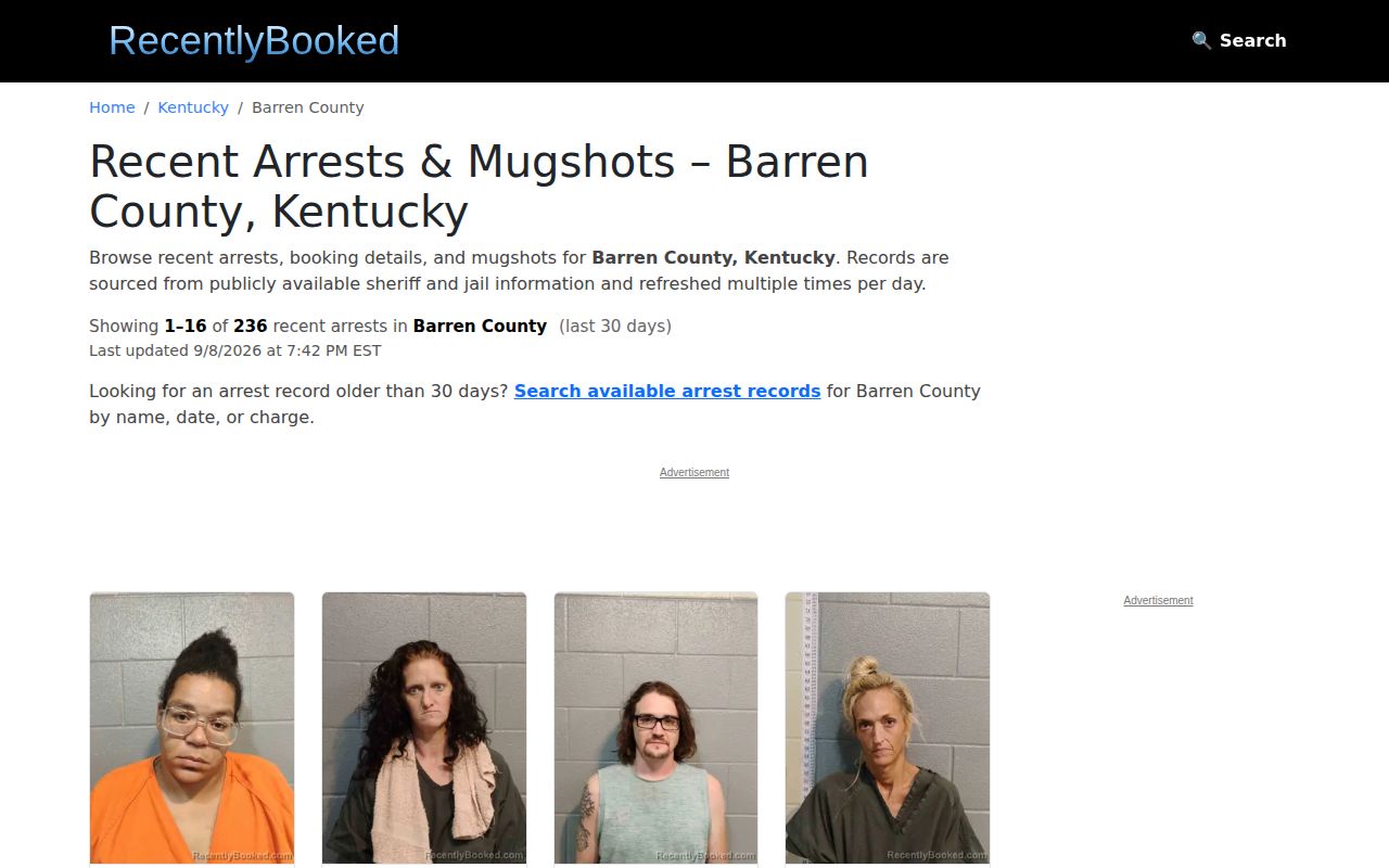 Unofficial RecentlyBooked Barren thirty-day booking page relevant to some Metcalfe arrests
