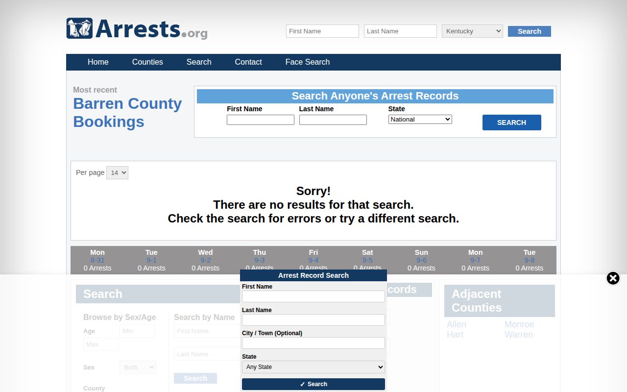 Unofficial Kentucky Arrests.org Barren page with regional agency filters